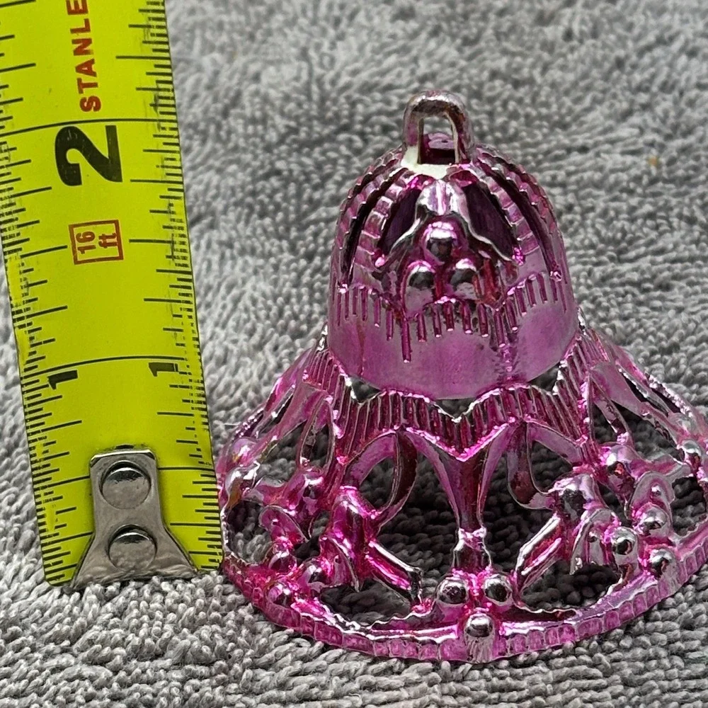 Vintage MCM Plastic Filigree Bell Christmas Ornaments Red Green Pink Lot of 4